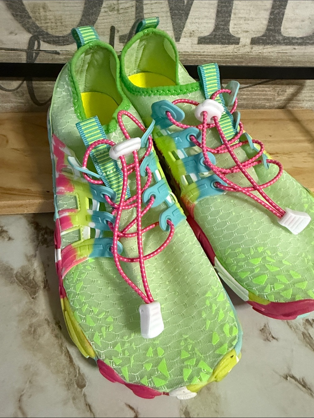 Women's Neon Green Athletic Slip-On Sneakers with Pink Accents